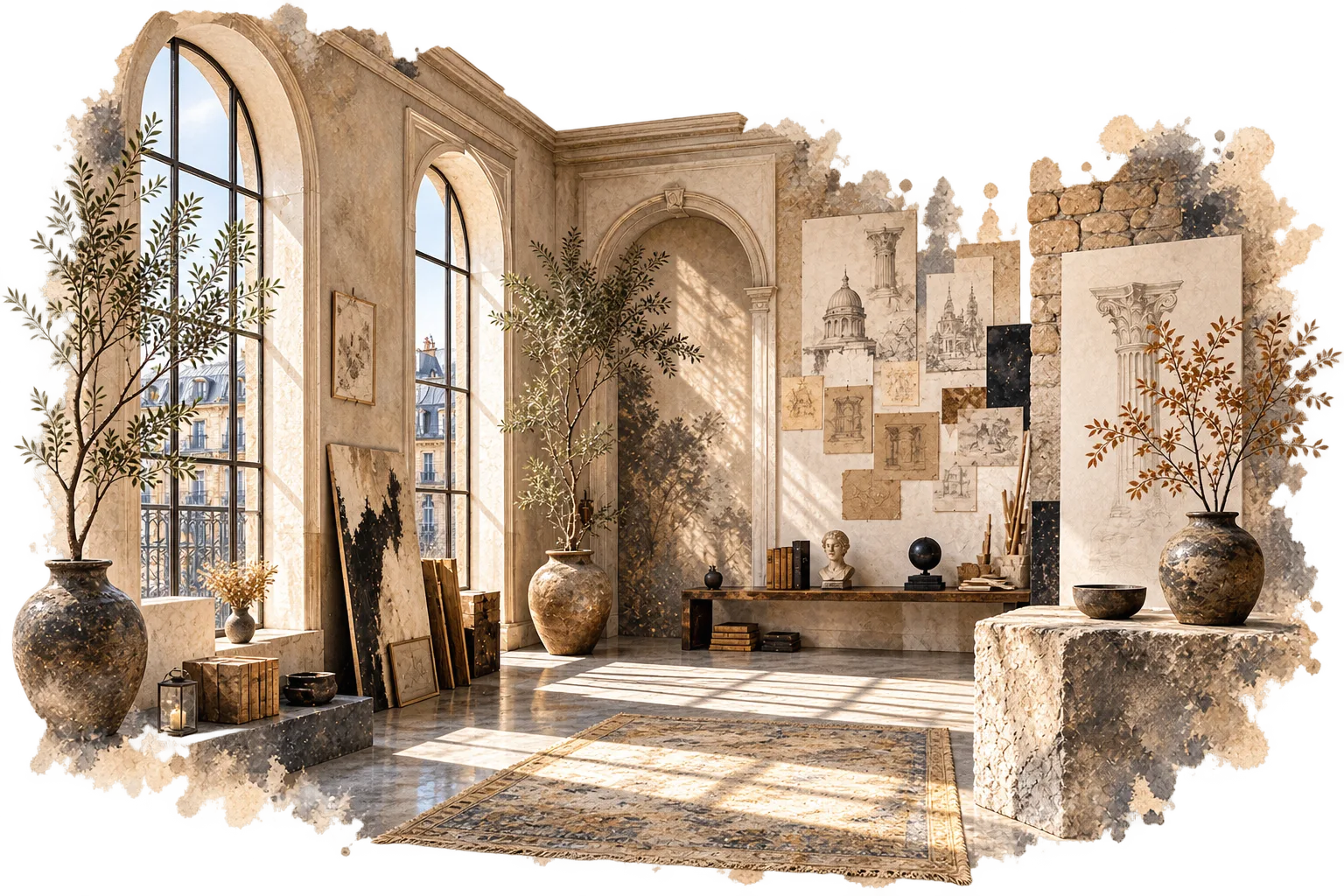 Intérieur d'atelier parisien : fenêtres arquées, toiles et bustes