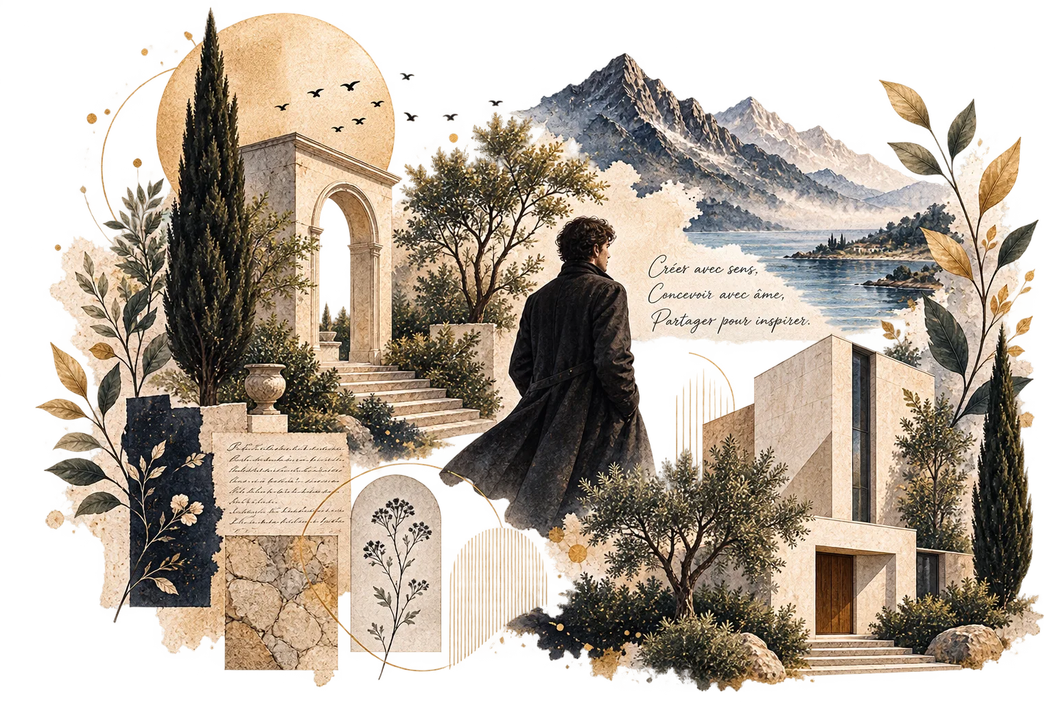 Figure classique, halo doré et colonnes, la philosophie du studio