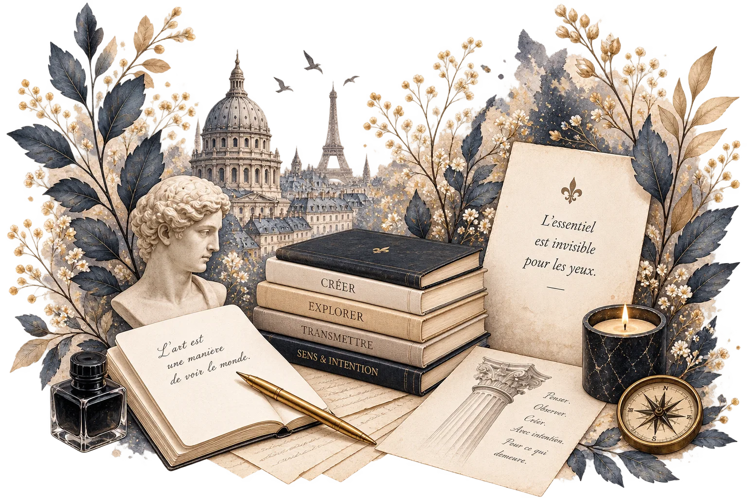 Plume, encrier et manuscrit devant les toits de Paris