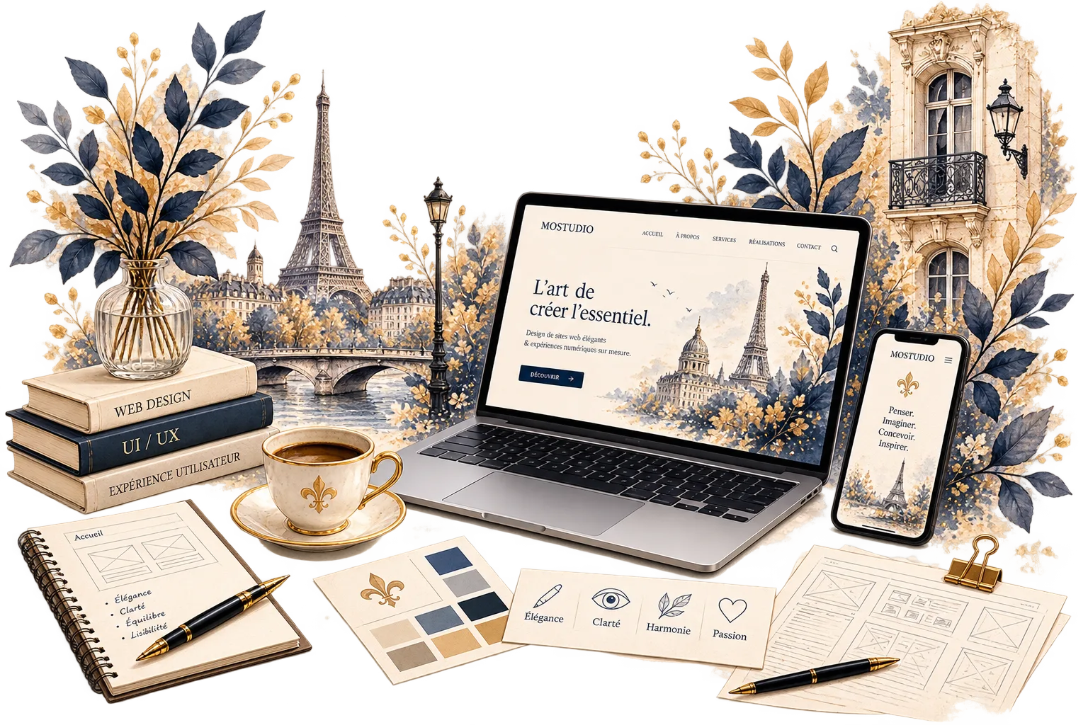 Poste de travail et livres : Élégance, Simplicité, Intention, Harmonie